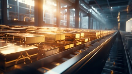 Obraz premium A high-tech conveyor system transports golden packages in an industrial setting, illuminated by sunlight streaming through large windows