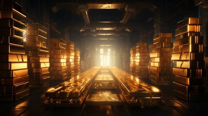 A room filled with neatly stacked gold bars, illuminating a warm golden light, creating an atmosphere of immense wealth and luxury