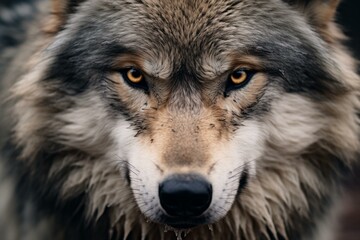 Fototapeta premium Detailed portrait highlighting the powerful and piercing eyes of a wolf