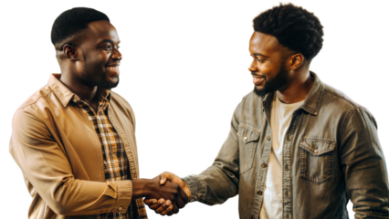 Two Smiling Men Shaking Hands in a Casual Setting