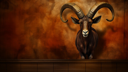 A brown goat with large horns stands in front of a rustic brown wall, perfect for a vintage or wildlife themed design. 