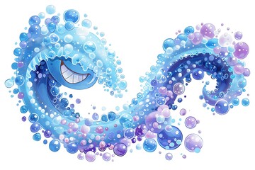 Obraz premium A children's book illustration of a friendly cartoon wave with a big smile, made entirely of blue and purple bubbles.