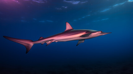 Fototapeta premium A silhouetted shark swims through blue water with pink and purple hues, evoking a sense of mystery and wonder in the deep ocean. 