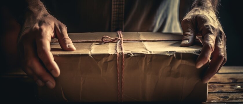 shows hands holding a brown paper package tied with string on a wooden table under warm lighting