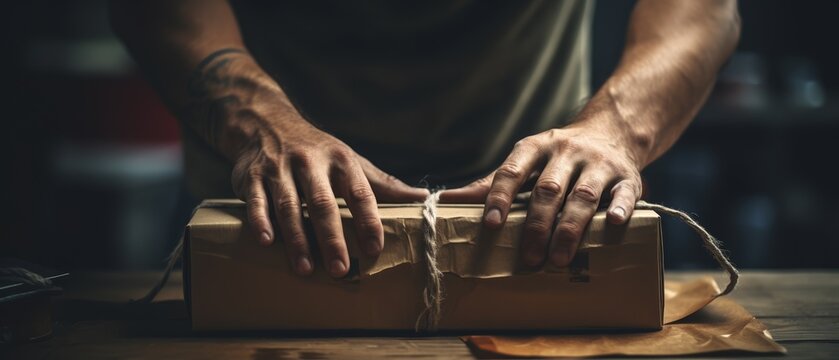A person&rsquo;s hands wrapping a rectangular package with brown paper and twine on a wooden table, conveying a sense of craftsmanship and care