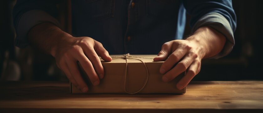 A person is tying a string around a brown paper-wrapped package on a wooden table, indicating careful packing or gift wrapping in a dim-lit environment