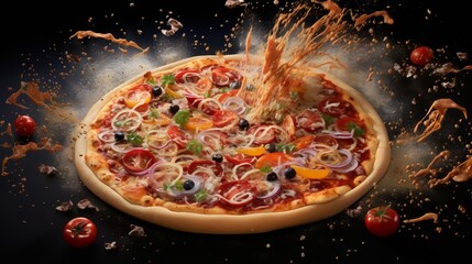 A colorful pizza topped with various vegetables is splashed with a burst of sauce, creating a dynamic explosion effect around it