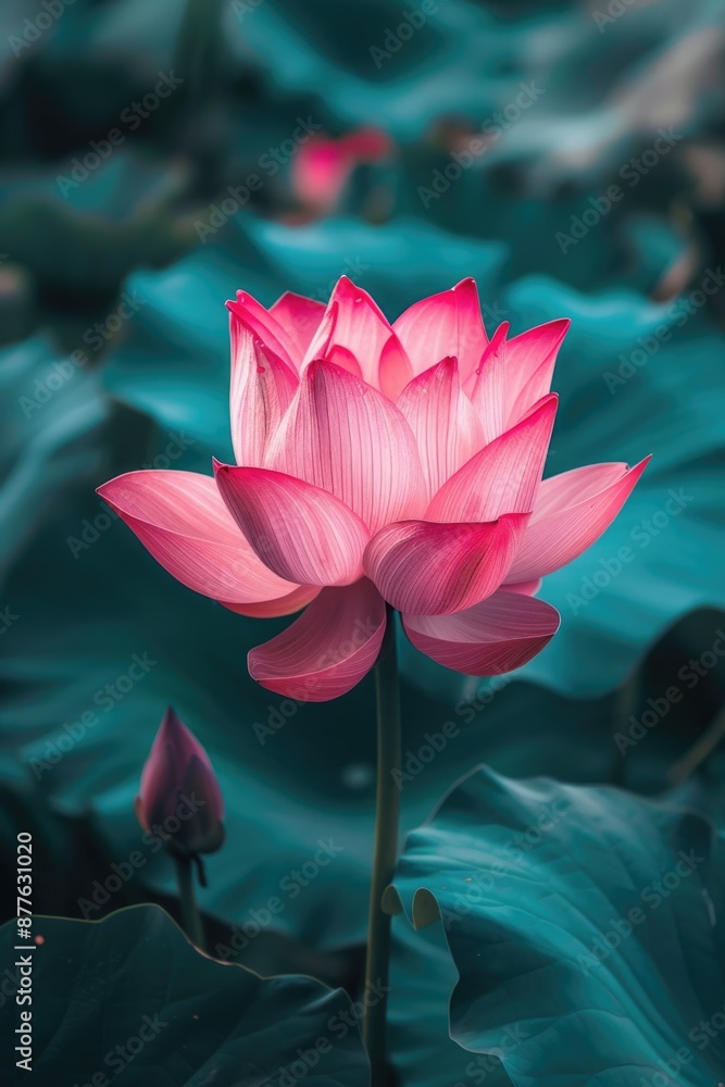 Poster a single pink flower growing in a green field with no distractions, ideal for use as a background or