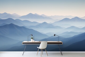 Fototapeta premium A minimalist workspace features a sleek desk and chair with a stunning background of layered, misty blue mountains evoking a calm, serene atmosphere