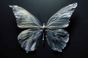 A delicate glass butterfly perched on a black surface