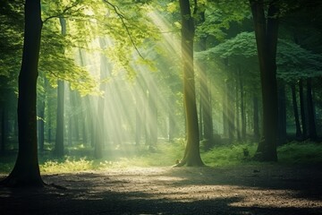 Obraz premium A serene forest with sunlight filtering through the dense canopy of trees, casting beautiful rays and shadows on the forest floor