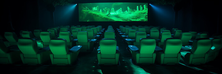Empty green seats in a dark theater, with a screen showing a mysterious green landscape, creating a sense of anticipation and excitement for a movie night. 