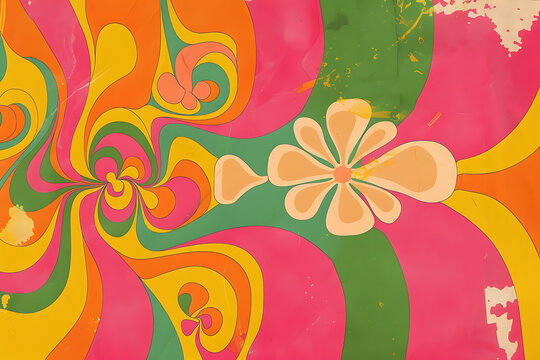 Groovy retro 70s style abstract background with pink, green and yellow colors, perfect for a psychedelic, vintage, or hippie themed design. 