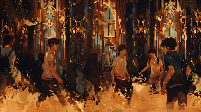 Silhouettes of young men walking in a dark, mysterious, and golden-lit city, evoking a sense of adventure and urban exploration. 