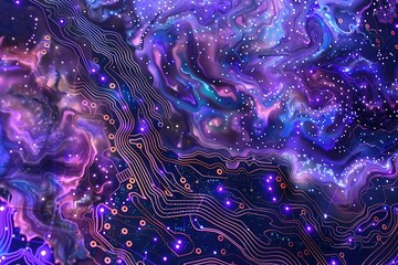 A circuit board reimagined as a cosmic landscape, its pathways glowing with purples and blues, and tiny LEDs twinkling like distant stars.