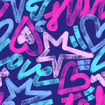 Abstract seamless chaotic pattern with line hearts. Monochrome background. Wallpaper for girls.