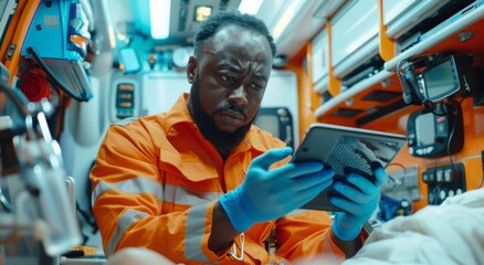 Paramedic examining tablet in ambulance while attending to emergency patient