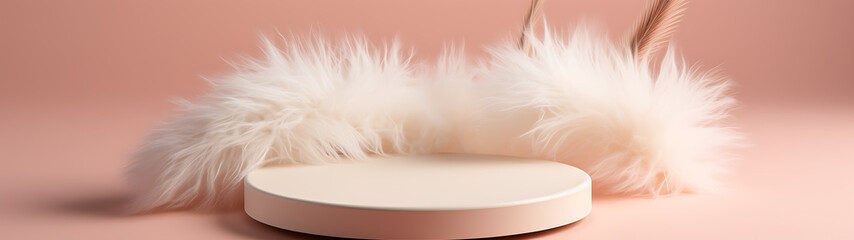 White fur, beige platform, pink background, minimalist aesthetic, showcasing beauty products, soft and luxurious, perfect for winter or holiday promotions. 