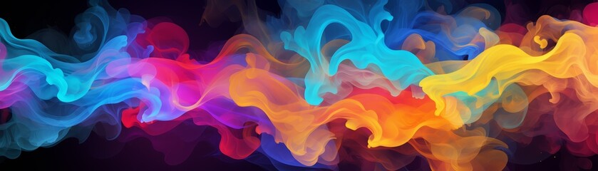 Fototapeta premium Vivid abstract swirls of colorful smoke blending together on a dark background, creating a dynamic and visually striking display of colors
