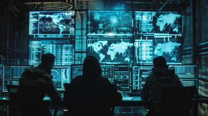 Cybersecurity team monitoring global network operations in control room