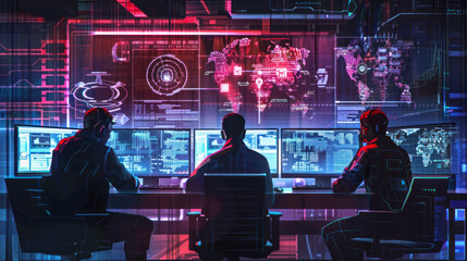 Cybersecurity Experts Monitoring Global Threats in High-Tech Control Center with Advanced Digital Interface