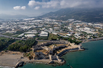 Obraz premium Aerial view of the Mamure Castle or Anamur Castle in Anamur Town, Turkey