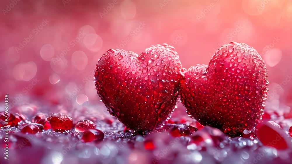 Poster Valentines day background with red hearts on bokeh background