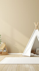 A minimalist nursery with beige walls, wooden floors, a white teepee, and a fluffy rug.  