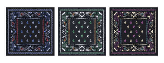 Set of colorful bandanas. Abstract seamless pattern for kerchief, fabric patchwork.