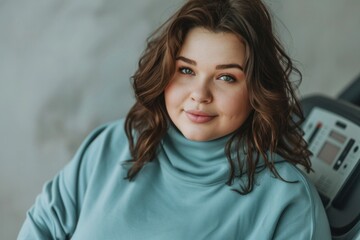Fototapeta premium plump woman in a turtleneck. Sports simulator. weight loss excess weight. tonometer. accountant, teacher, mother