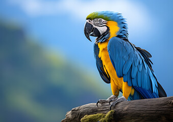Obraz premium A vibrant blue and yellow macaw perched on a branch against a blurred blue sky, conveying tropical beauty and exotic wildlife. 
