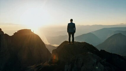 Business man celebrating achievement and success standing on top of a mountain with sunshine Generative AI