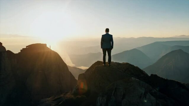 Business man celebrating achievement and success standing on top of a mountain with sunshine Generative AI