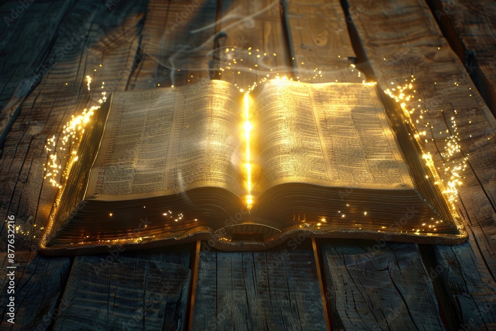 Poster an open book on a wooden table with lights illuminating the pages, perfect for images about reading,