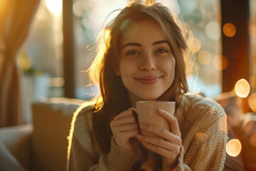 Mulher Jovem Sorridente Tomando Café em Ambiente Aconchegante
