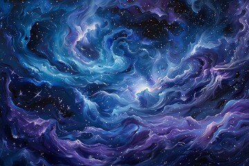 Obraz premium A classic oil painting in a dark romantic style, depicting a stormy night sky with swirling purples and blues, punctuated by dramatic flashes of starlight.
