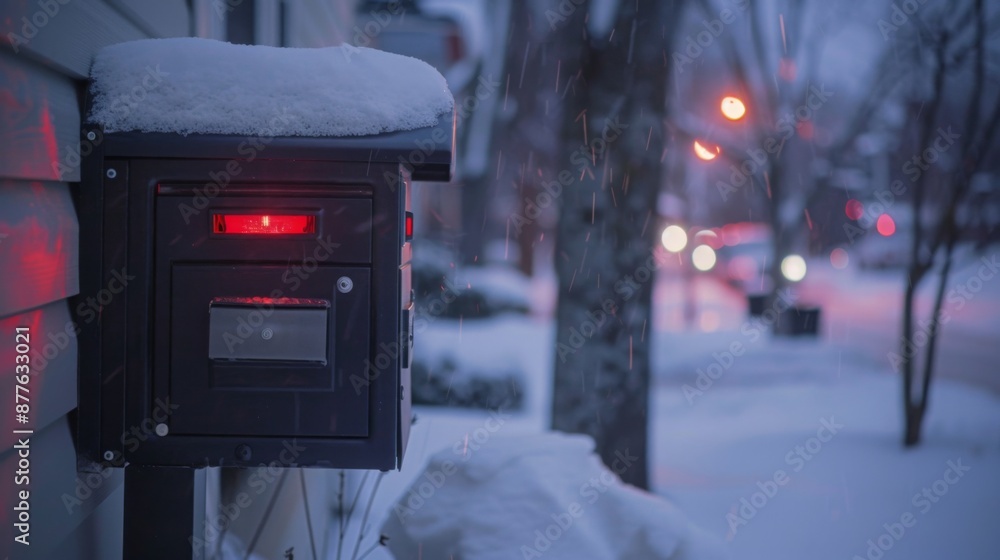 Poster a black mailbox with a red light is covered in snow on a snowy day.
