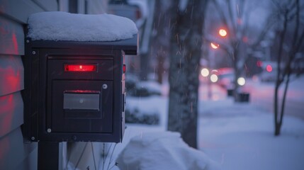 A black mailbox with a red light is covered in snow on a snowy day.