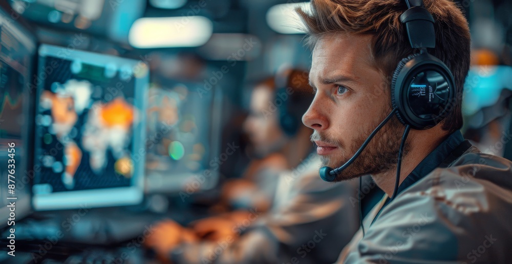 Poster focused call center agent working in a modern office with multiple computer screens