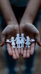 Hands holding a paper cutout of a family, symbolizing care, protection, and unity