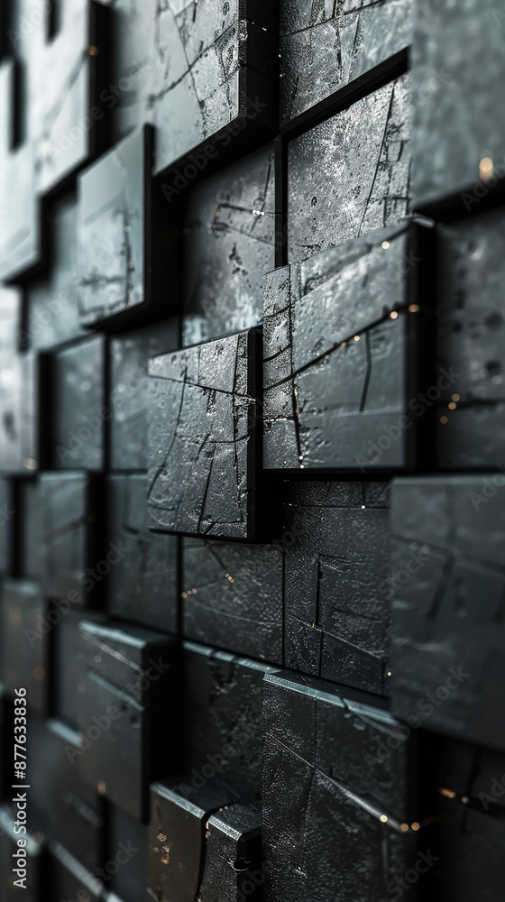 Poster futuristic high tech 3d render with offset square block structure on dark background, wall with 3d c
