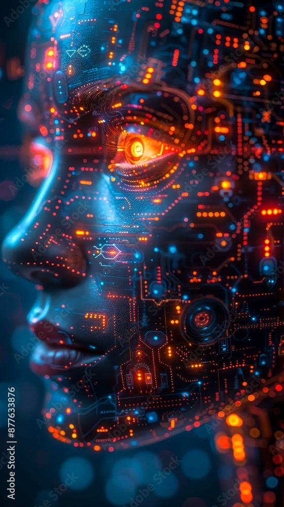 Poster futuristic cybernetic human face with advanced smart brain technology, ai neural network, digital ci