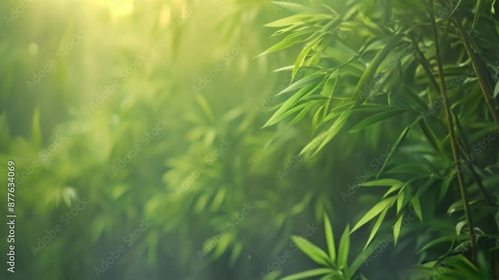 Poster a close-up shot of a bamboo forest with sunlight filtering through the leaves, creating a soft, ethe