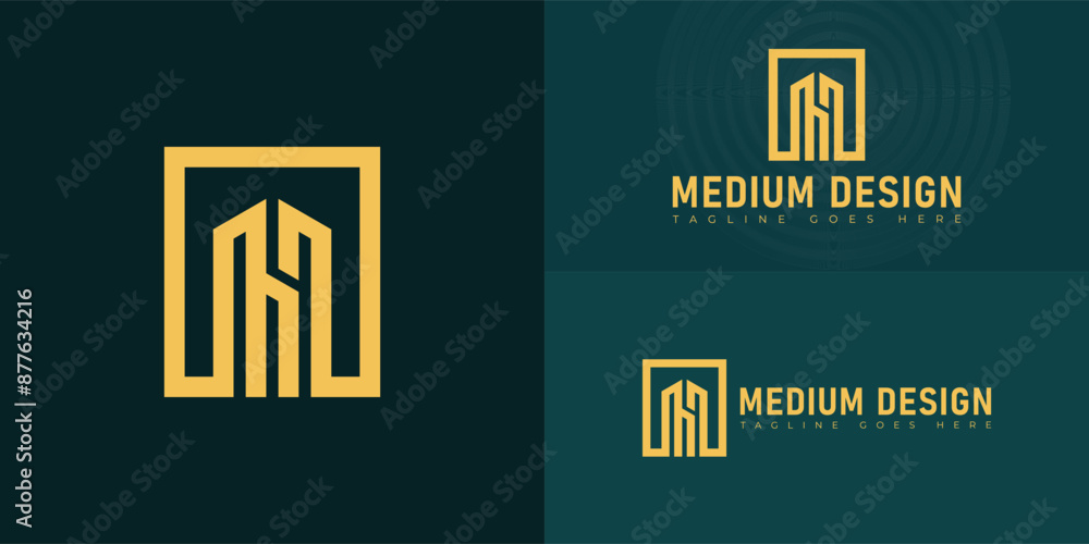 Poster abstract initial square letter md or dm logo in gold color isolated on multiple background colors. t