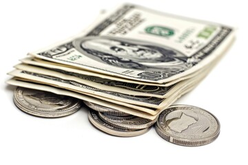 A stack of cash sitting on top of a pile of coins, perfect for representing financial success or abundance