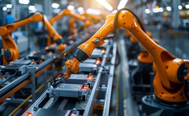Industrial robotic arms working on automotive assembly line in modern factory