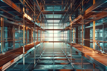 Fototapeta premium A long hallway with numerous glass and metal surfaces, often used as an entrance or connecting space