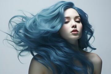 Naklejka premium Portrait of a young woman with vibrant blue hair floating elegantly around her