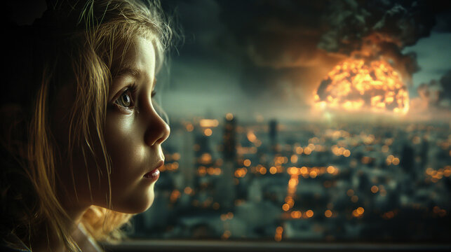 A child&rsquo;s eyes. Reflecting explosion