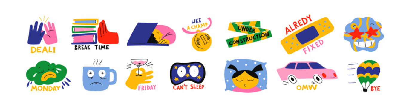 Cartoon stickers comic weekdays workers . Labor, schedule, business, office retro blot characters with emotions. Retro vector doodle mascots in 90s style